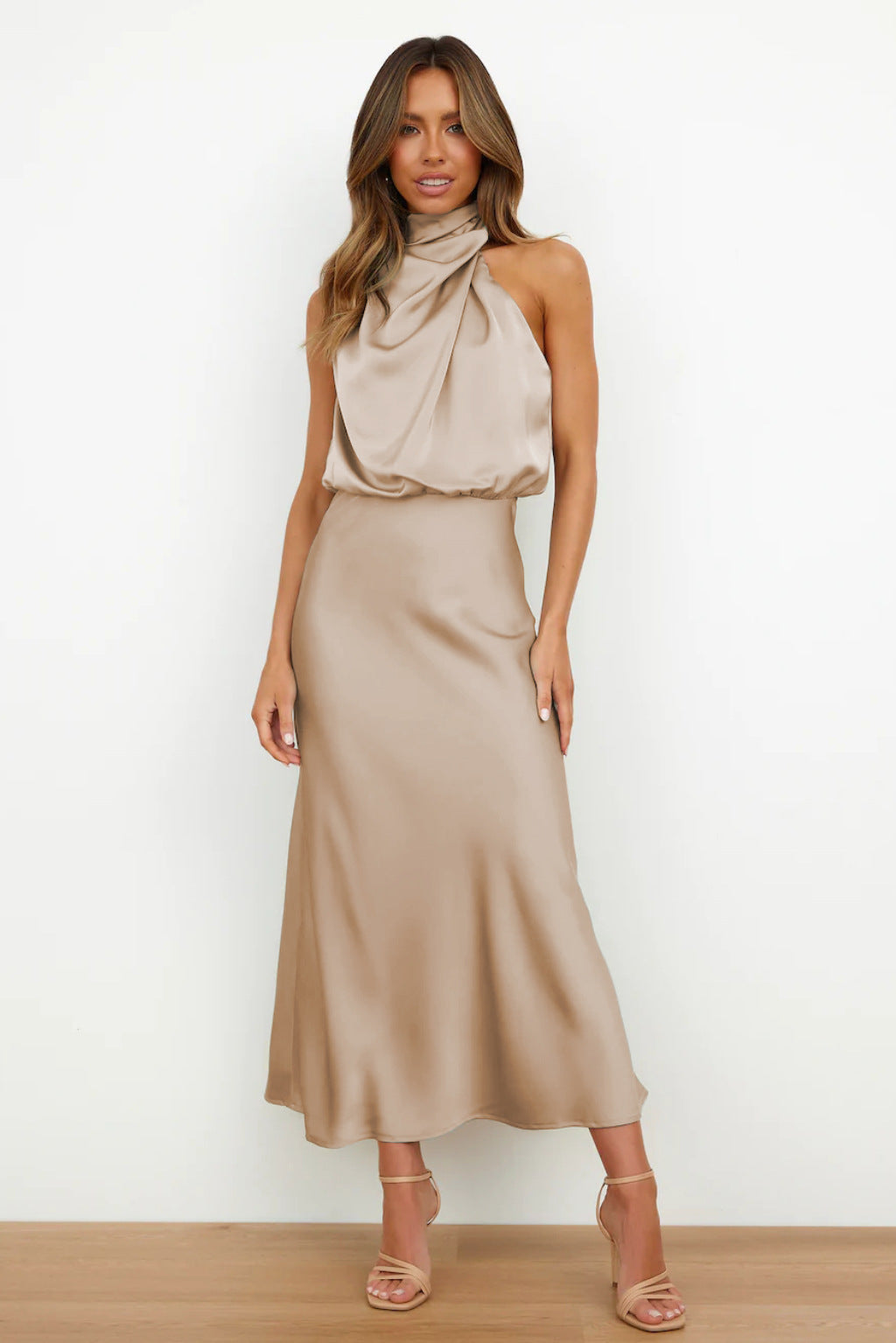 Elegant Long Satin Dress with Halter Neck