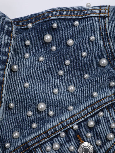 Avencea | Elegant Denim Jacket with Pearl Embellishments