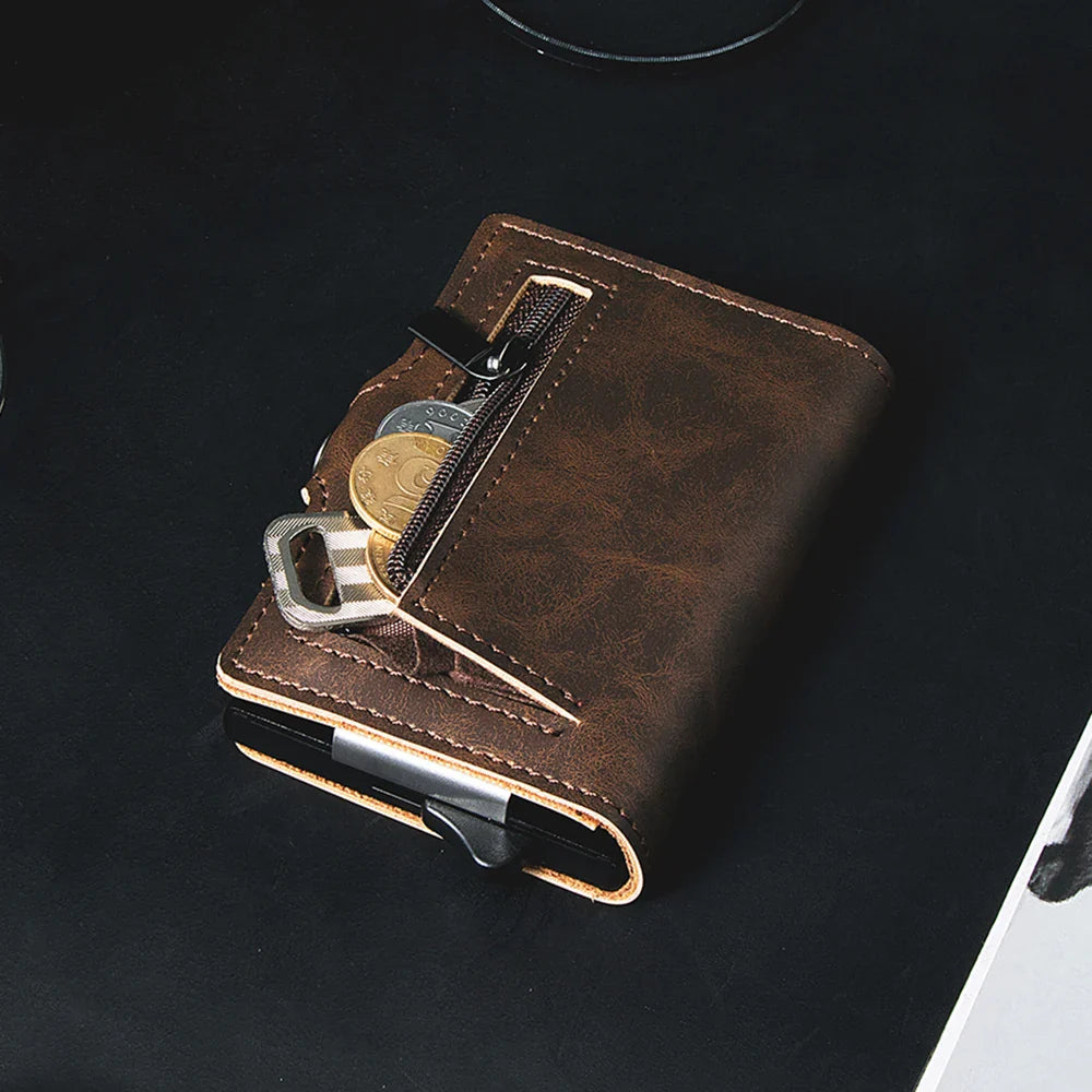 Men’s RFID Blocking Pop-Up Card Wallet – Vintage Leather Slim Money Clip Holder