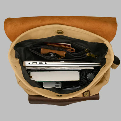 Genuine Leather & Canvas Rucksack | Vintage College Laptop Backpack