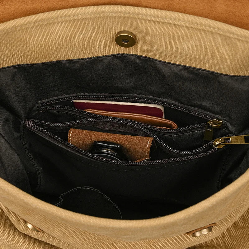 Genuine Leather & Canvas Rucksack | Vintage College Laptop Backpack