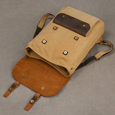 Genuine Leather & Canvas Rucksack | Vintage College Laptop Backpack