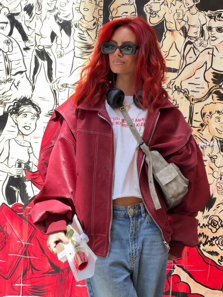 Samantha | Women’s Oversized Leather Bomber Zip Jacket