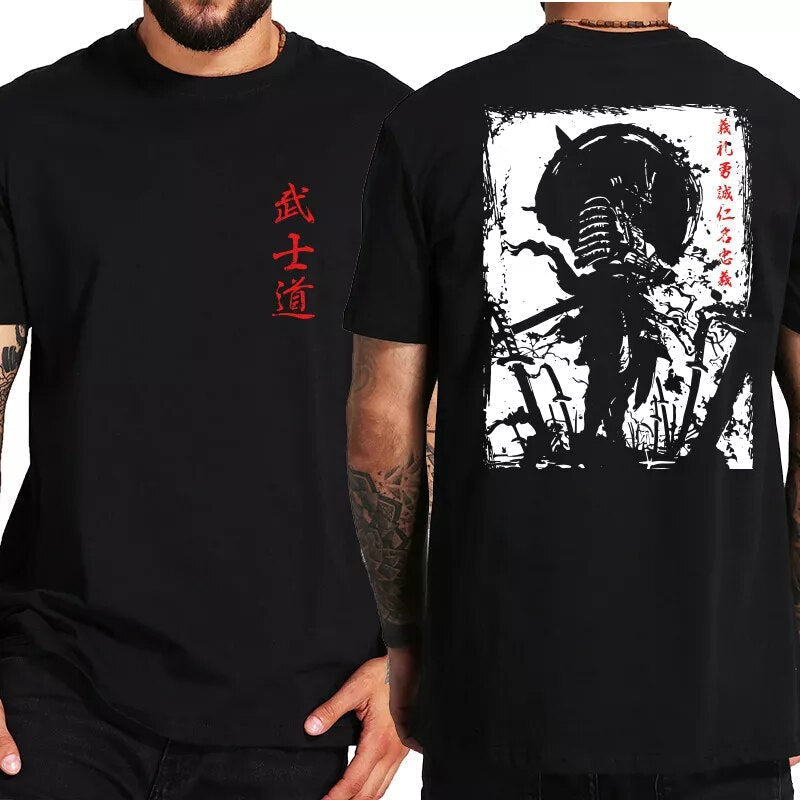 Japan Samurai Spirit T Shirts Japanese Style Back Print EU Size 100% Cotton Tops T-shirt Bushido Male Gifts Tee