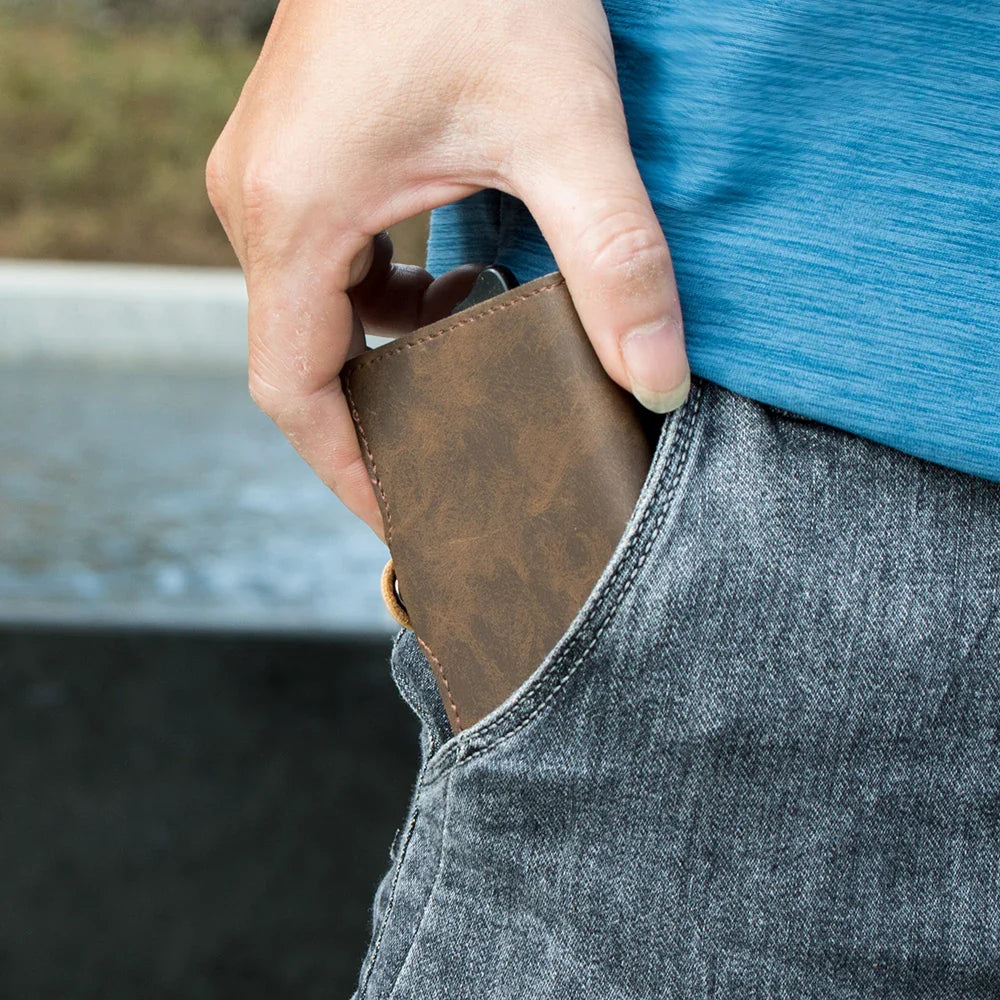 Men’s RFID Blocking Pop-Up Card Wallet – Vintage Leather Slim Money Clip Holder