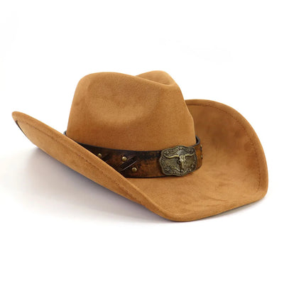 Western Big Brim Cowboy Hat Bull's Head Leather Band Suede Top Hat Outdoor Mens Hats Ladies Party Horse Riding Cowgirl Hat