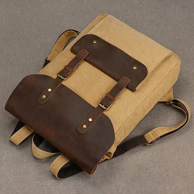Genuine Leather & Canvas Rucksack | Vintage College Laptop Backpack