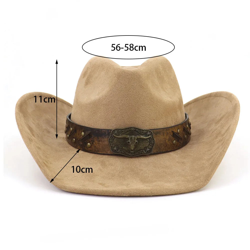 Western Big Brim Cowboy Hat Bull's Head Leather Band Suede Top Hat Outdoor Mens Hats Ladies Party Horse Riding Cowgirl Hat