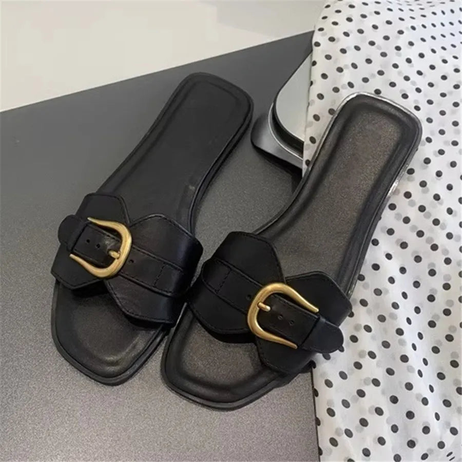 Slippers for Woman 2024 Summer Beach Flats Ladies Buckle Slides Gladiator Sandals Luxury Leather Mules Zapatos Mujer