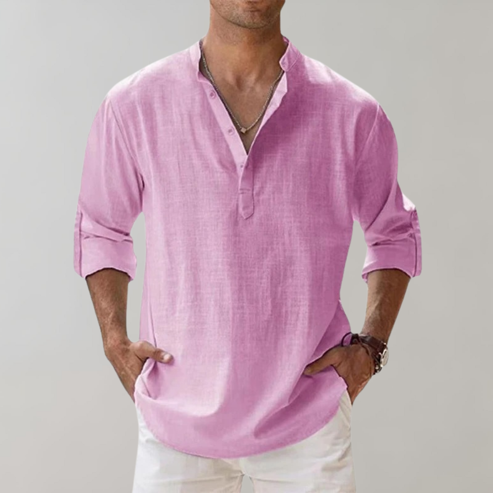 Avencea - Men's Summer Shirt with Long Sleeves and V-Neck