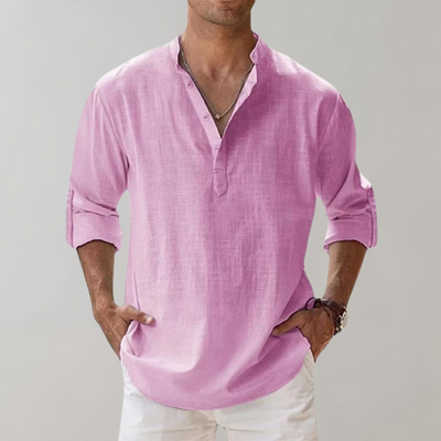Avencea - Men's Summer Shirt with Long Sleeves and V-Neck