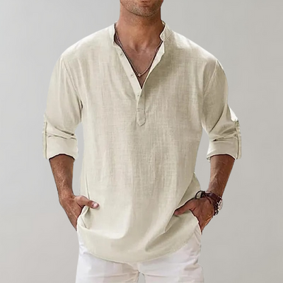 Avencea - Men's Summer Shirt with Long Sleeves and V-Neck