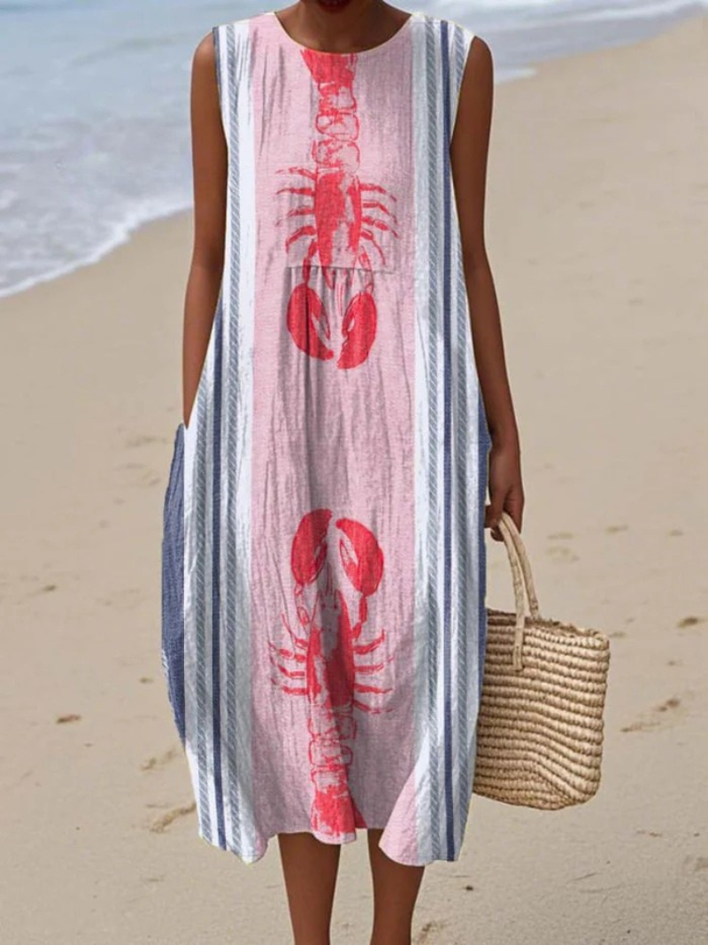 Women's Sleeveless Wrap Dress with Charming Lobster Art Print and Pockets