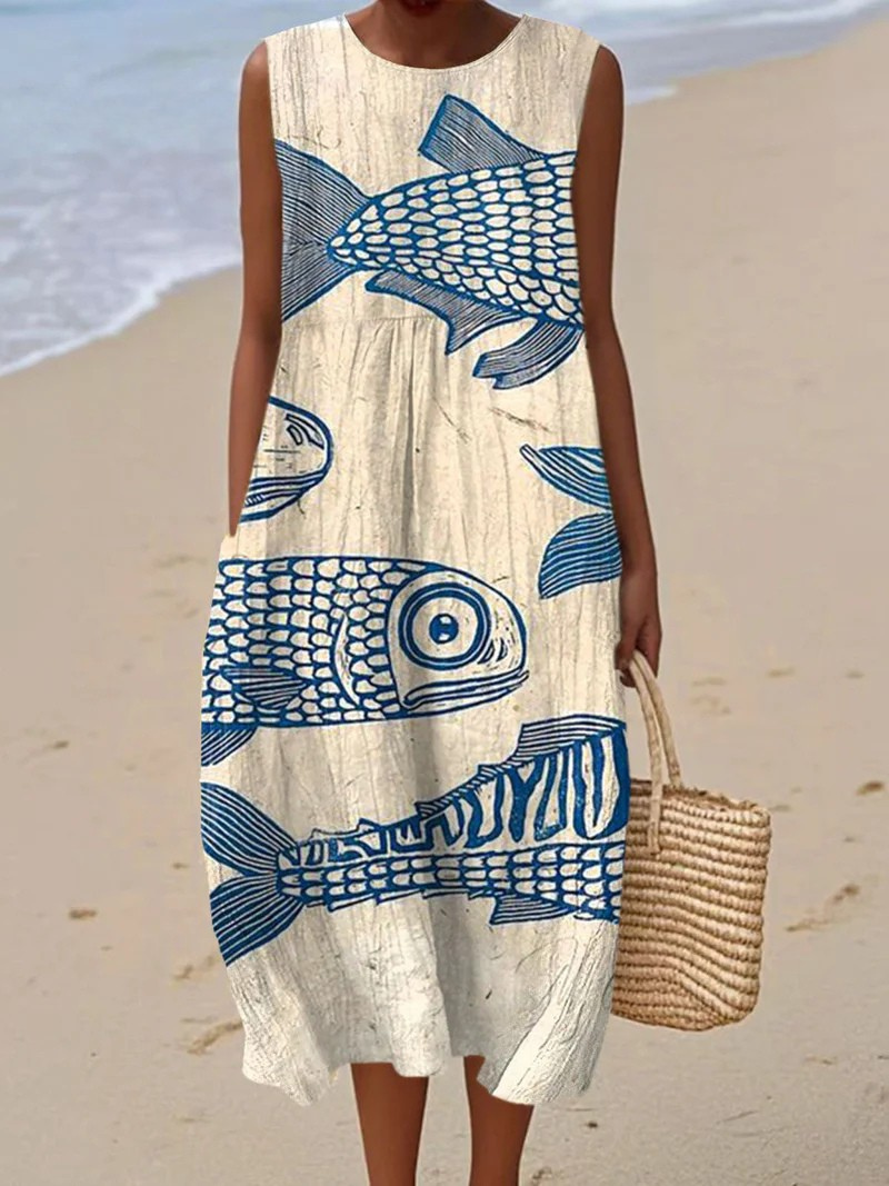 Vintage-Inspired Women's Sleeveless Wrap Dress with Fish Art Print and Pockets