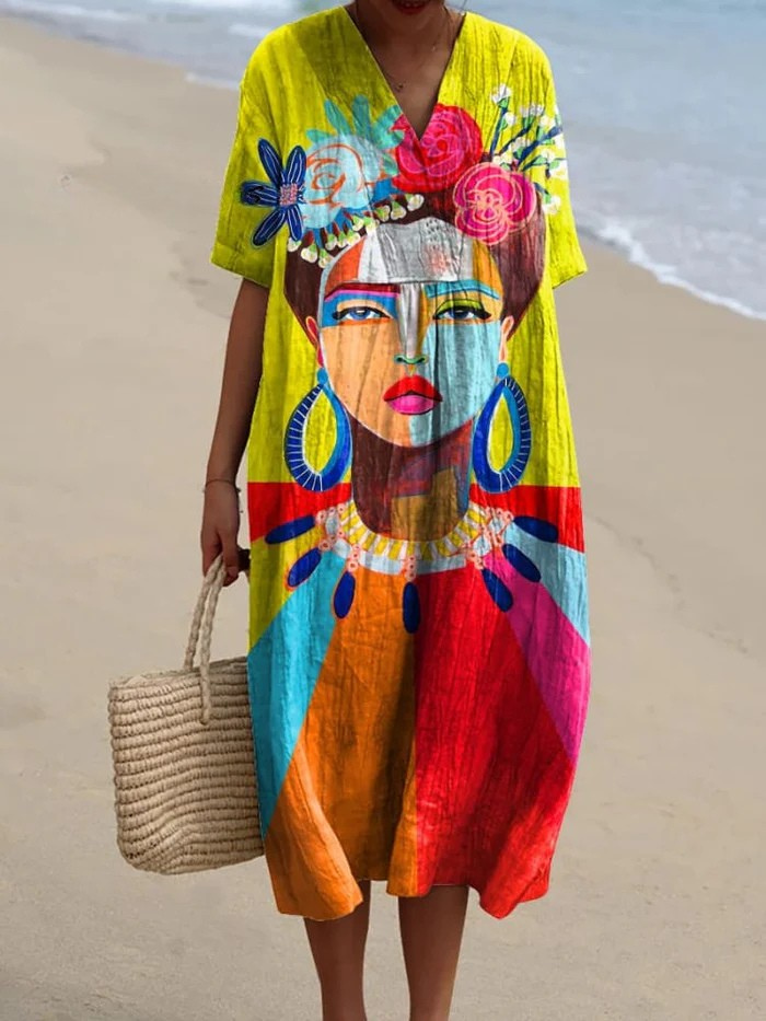 Oil Painting Freda Portrait Art Printed Women's Flowy Dress