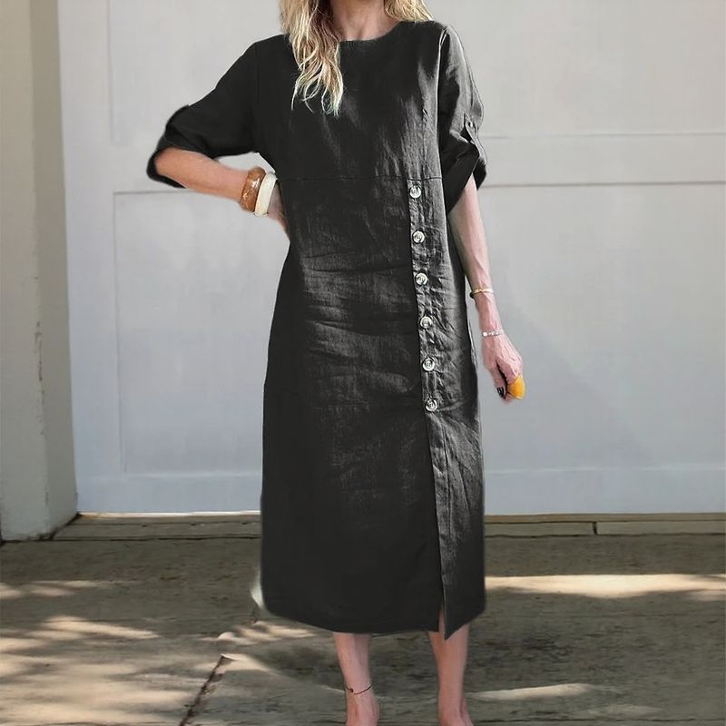 Adelie™ | Cotton Linen Dress with Side Buttons