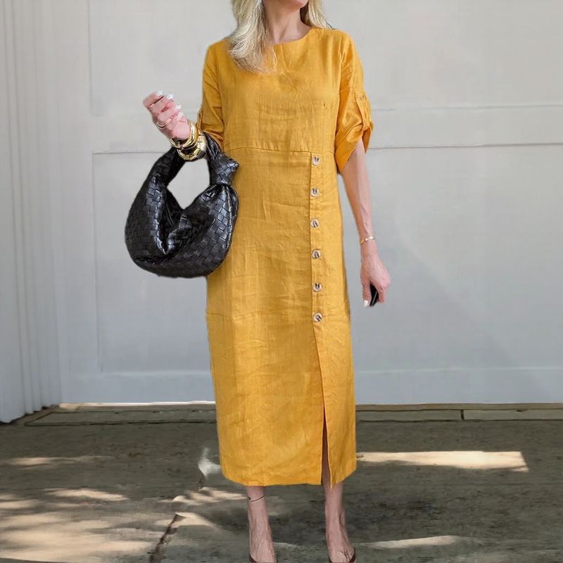 Adelie™ | Cotton Linen Dress with Side Buttons