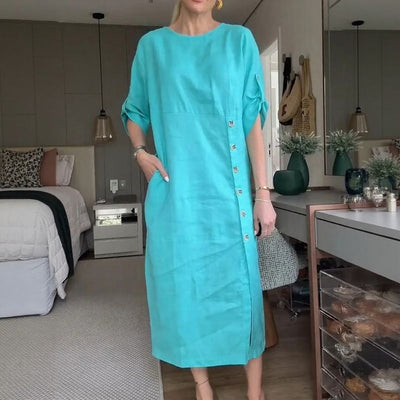 Adelie™ | Cotton Linen Dress with Side Buttons