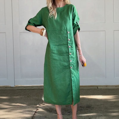 Adelie™ | Cotton Linen Dress with Side Buttons