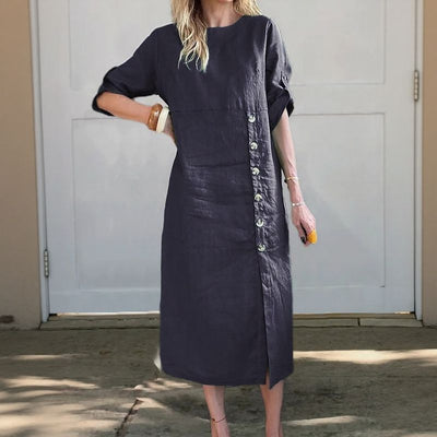 Adelie™ | Cotton Linen Dress with Side Buttons