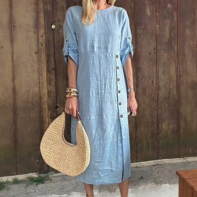 Adelie™ | Cotton Linen Dress with Side Buttons