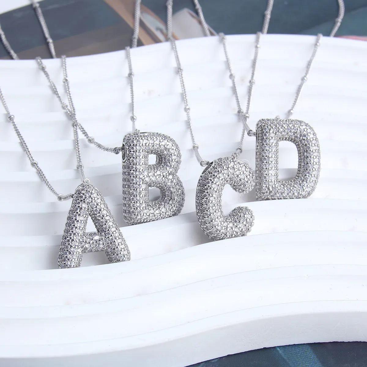 Bubble letter initial necklace set | White Gold 18k