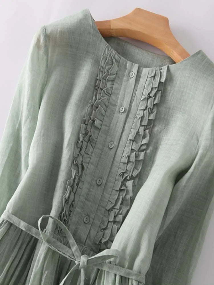 Arya - Women's Retro Style Dress with Round Neck and Waist Ties