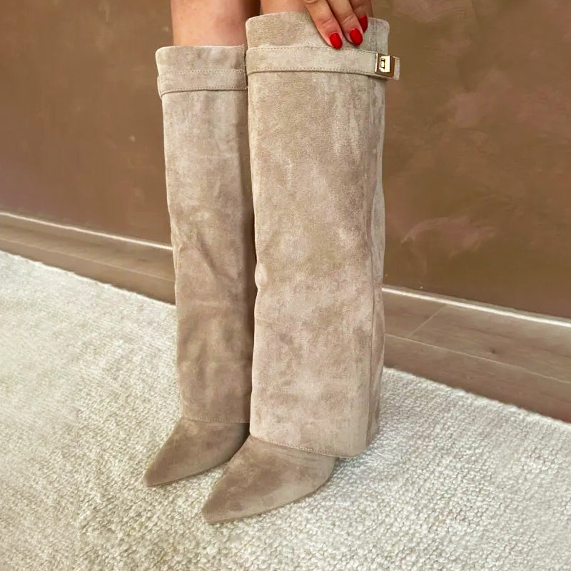 Women’s Faux Suede Knee Boots with Fold-Over Cuff