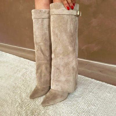 Women’s Faux Suede Knee Boots with Fold-Over Cuff