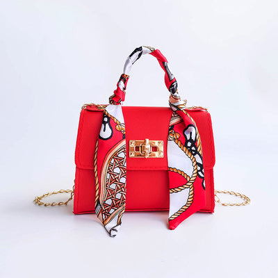 Women's Flap Bag with Scarf Handle and Golden Chain Strap