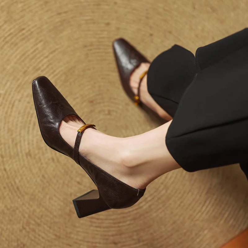 Women’s Genuine Leather Pointed Shoes with Block Heel and Strap