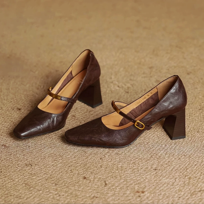 Women’s Genuine Leather Pointed Shoes with Block Heel and Strap