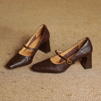 Women’s Genuine Leather Pointed Shoes with Block Heel and Strap