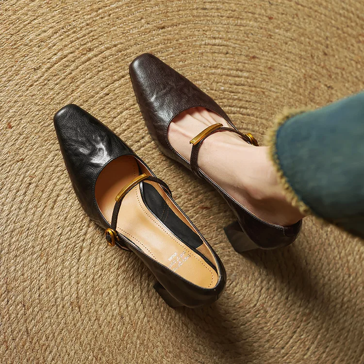 Women’s Genuine Leather Pointed Shoes with Block Heel and Strap
