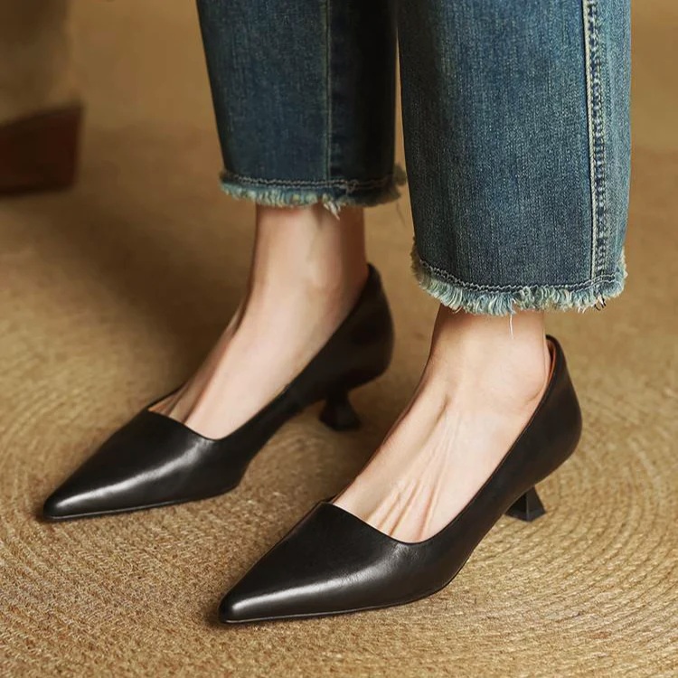 Women’s Genuine Leather Pointed Shoes with Kitten Heel