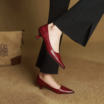 Women’s Genuine Leather Pointed Shoes with Kitten Heel