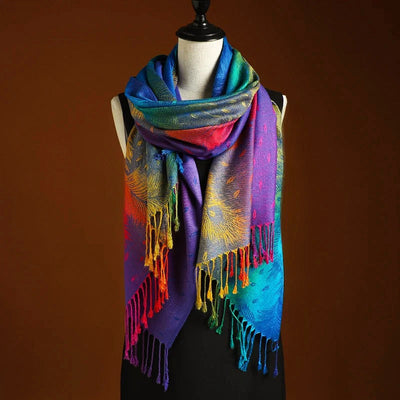 Women’s Multicolor Jacquard Woven Scarf with Feather Design