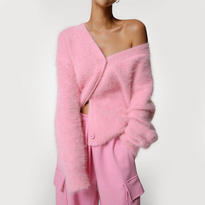 Women’s Plush Oversized Buttoned Cardigan with Fur-Like Texture