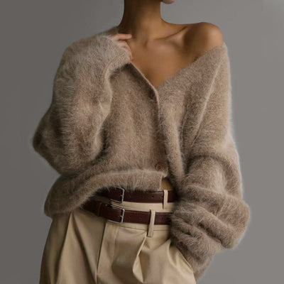 Women’s Plush Oversized Buttoned Cardigan with Fur-Like Texture