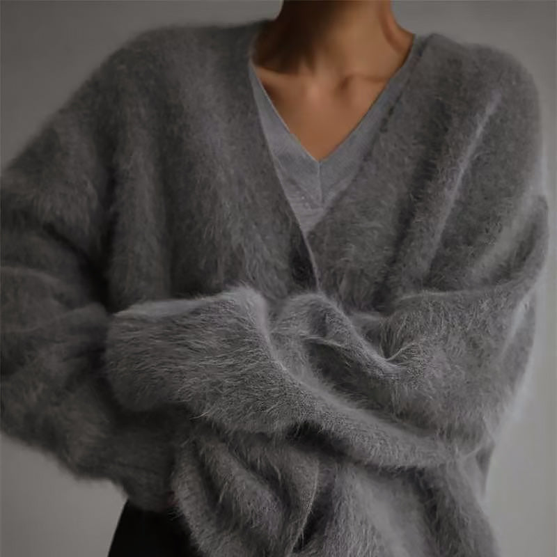 Women’s Plush Oversized Buttoned Cardigan with Fur-Like Texture