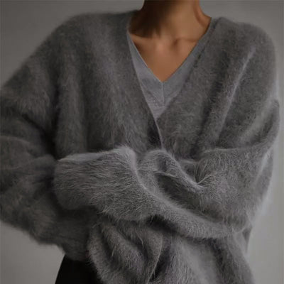 Women’s Plush Oversized Buttoned Cardigan with Fur-Like Texture