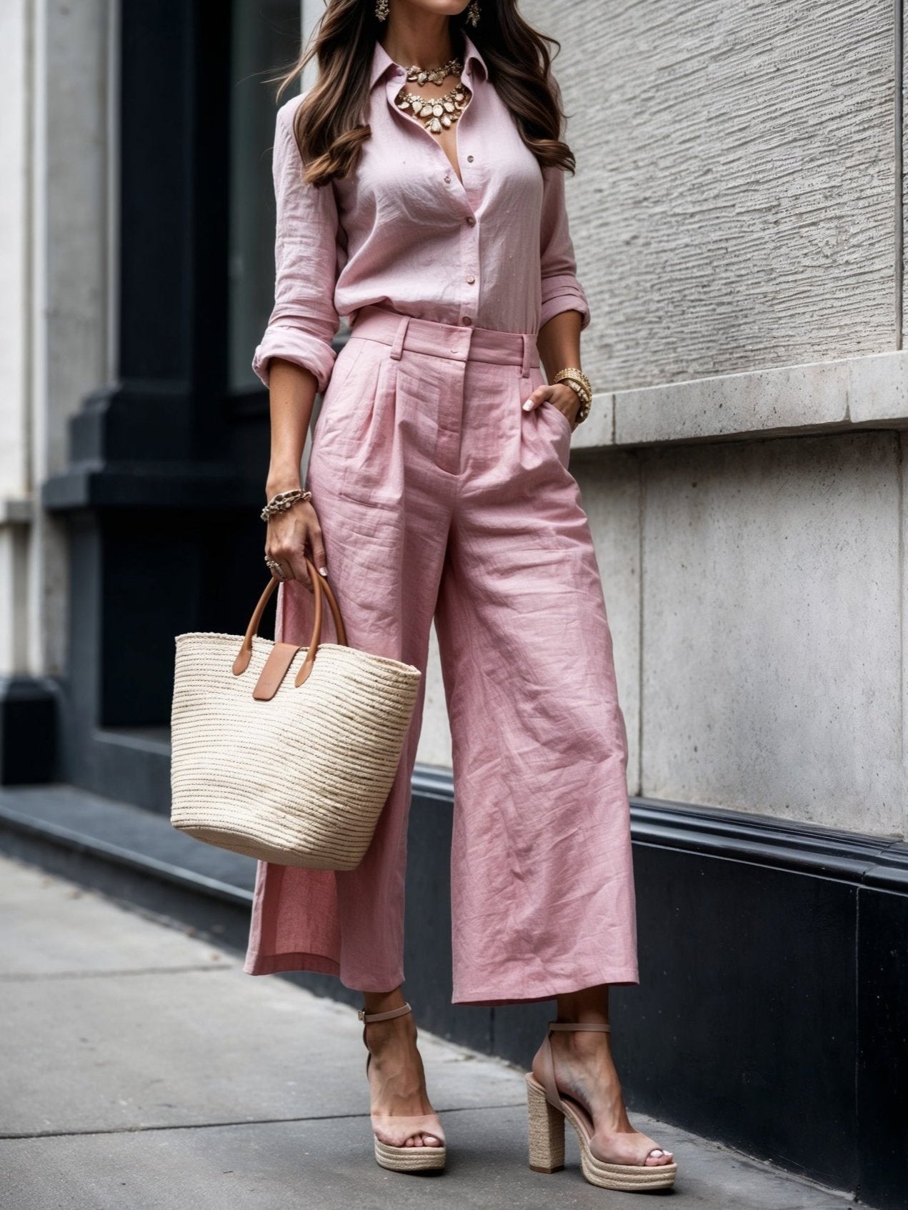 Morgan | Pink Capri Pants and Loose Shirt Linen Set