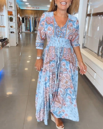 Astra - Elegant  Lace-Up Detail V-Neck Printed Dress