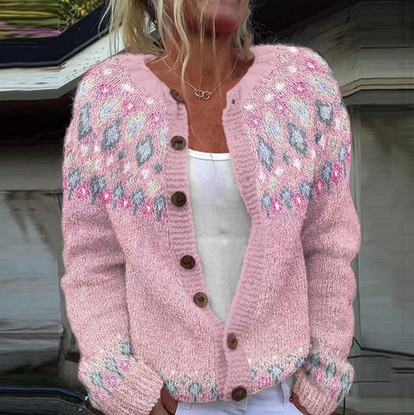 Ella| Pink loose fitting cardigan with print