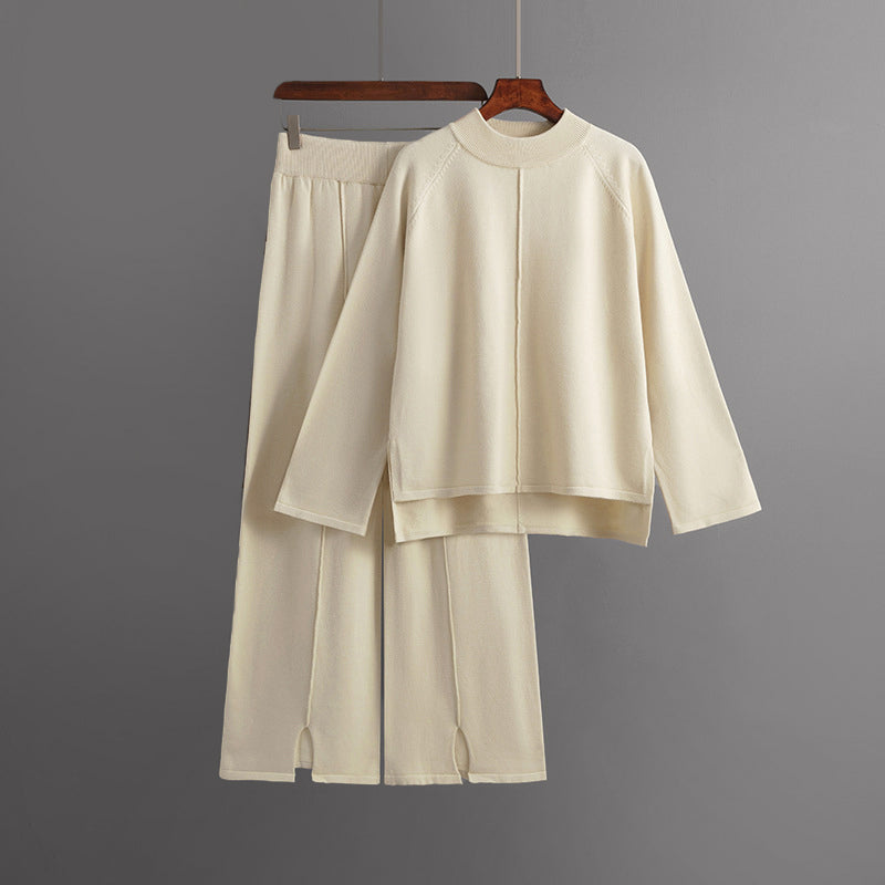 Co-ord Knit Set for Women with Asymmetrical Sweater and Wide-Leg Pants
