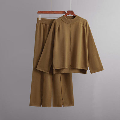 Co-ord Knit Set for Women with Asymmetrical Sweater and Wide-Leg Pants