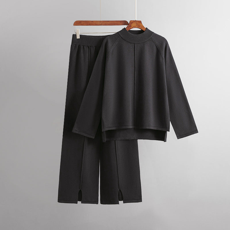 Co-ord Knit Set for Women with Asymmetrical Sweater and Wide-Leg Pants