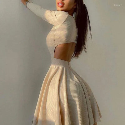 Avencea Pleated Skater Dress with Long Sleeves in Classic Black