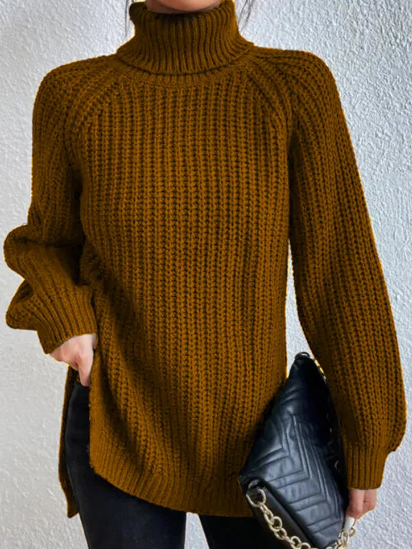 Avencea Turtleneck Sweater with Raglan Sleeves and Split Hem