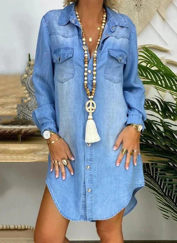 Avencea - Long-Sleeved, Loose Denim Shirt Dress Made from High-Quality Fabric